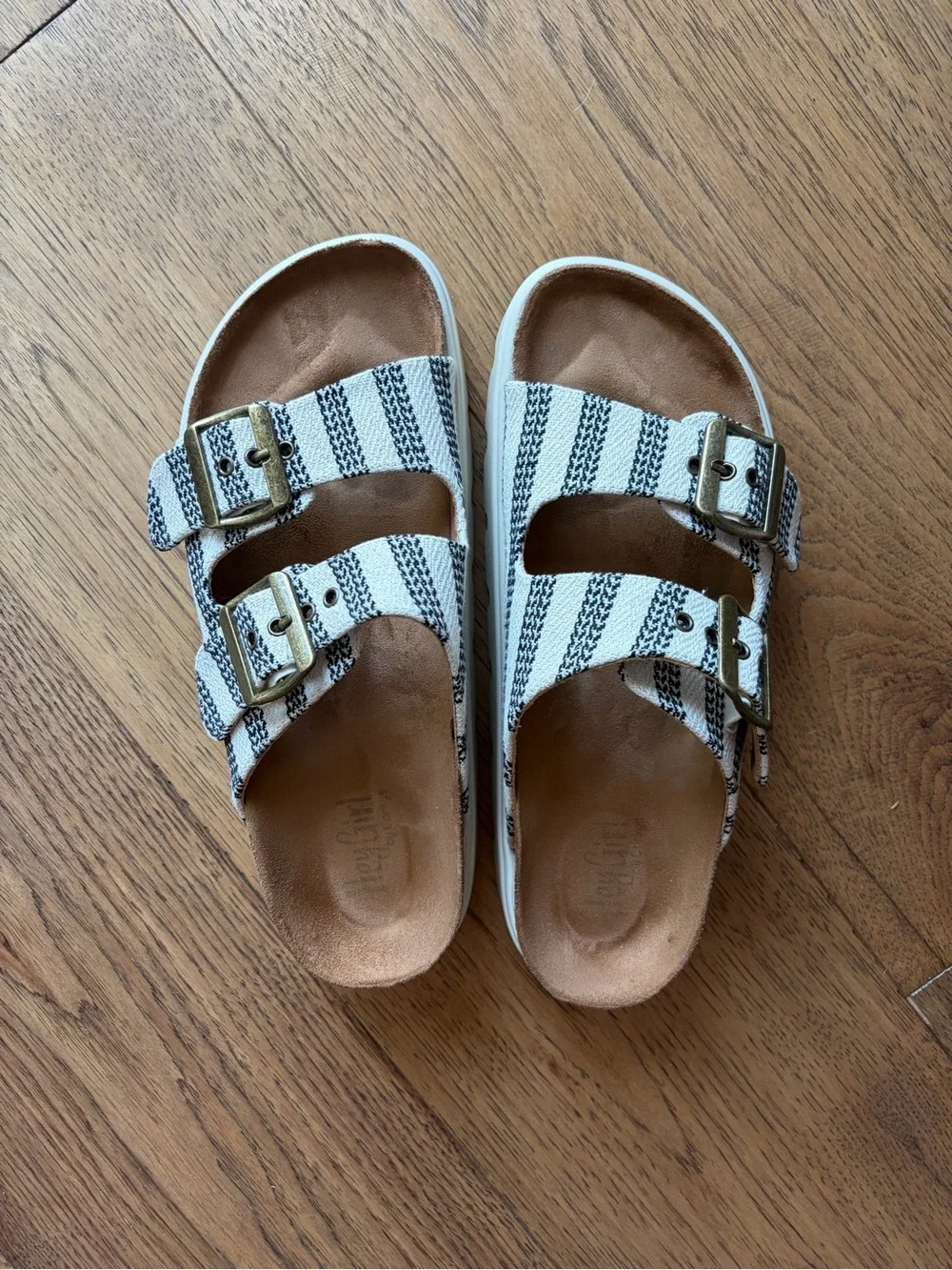Women's Double Buckle Slide Sandals in Black and White Stripe